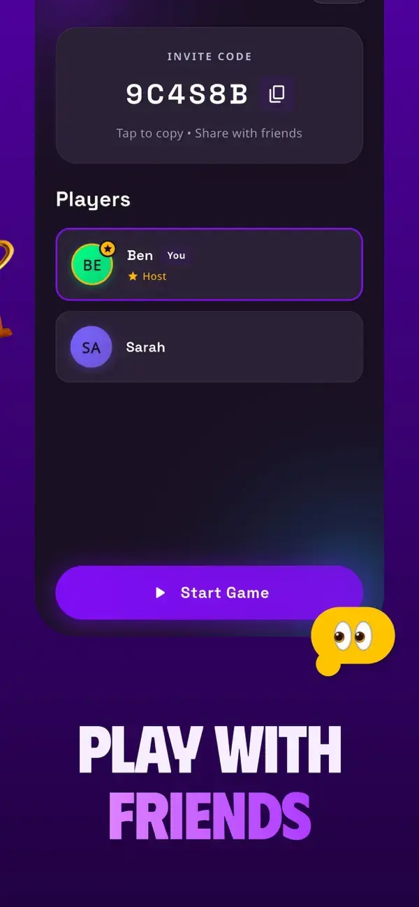 Promptville private room with an invite code and player list